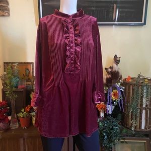 Ladies goth boho burgundy ruffled velvet tuxedo style baby doll blouse tunic